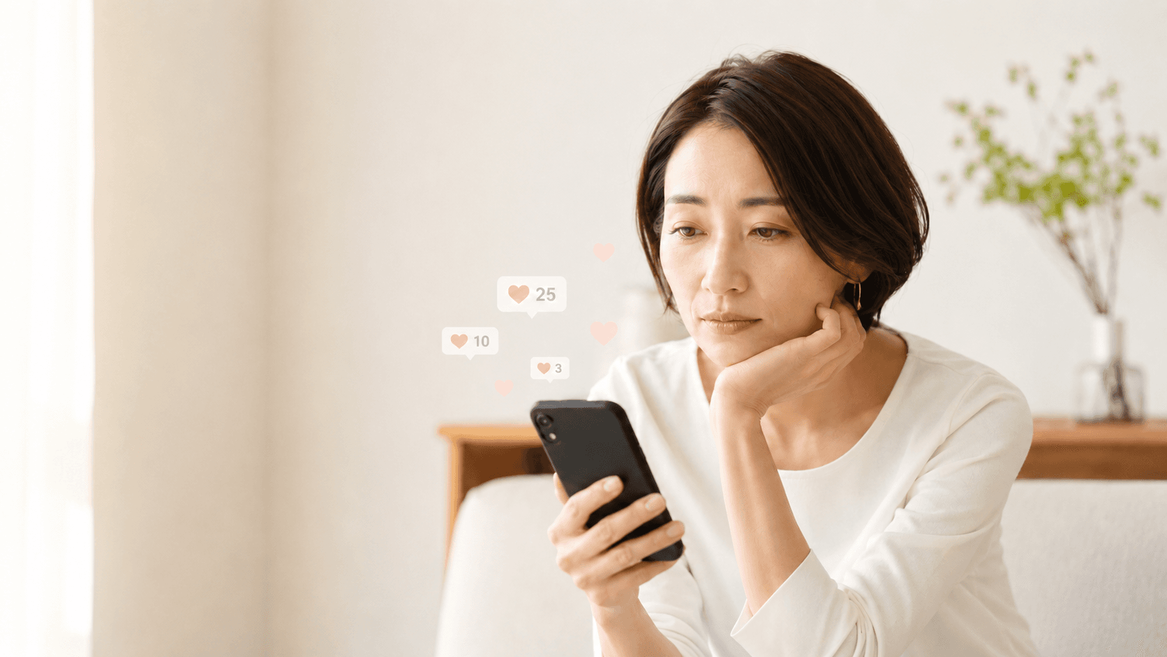 SNSのいいね数を見つめる女性