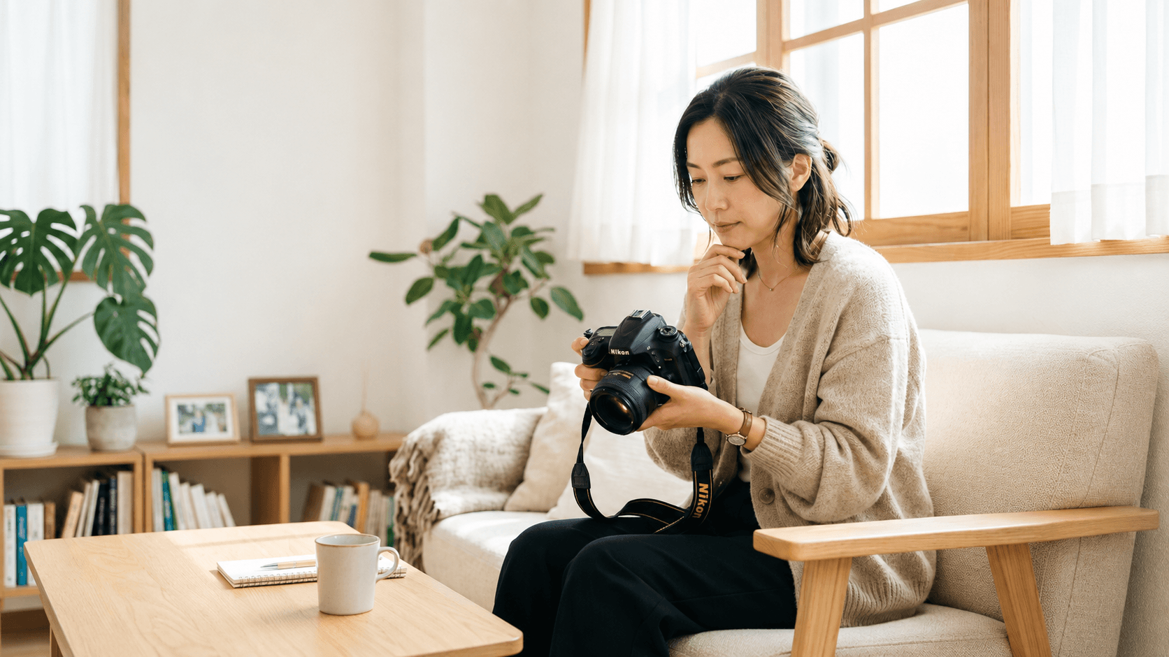 カメラを手に思案する女性